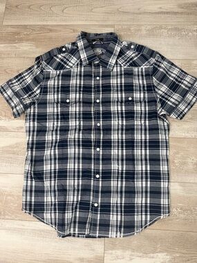 Express Men’s L Plaid Western Snap Button Shirt Short Sleeve Fitted